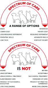 Illustration of the spectrum of care concept. Spectrum of care involves providing a range of diagnostic and treatment options (top) and should not be viewed in a binary manner (bottom). In detail: red archway with arrows at either end containing text SPECTRUM OF CARE. Group of animals underneath the archway. Title underneath A RANGE OF OPTIONS: 1st column on left lists words: basic, lower cost, less resource dependent, essential skills, low tech. 2nd column on right lists: advanced, higher cost, resource dependent, advanced skills, state-of-the-art. Graphic repeated title SPECTRUM OF CARE IS NOT: first column on left lists words worse, unacceptable, unsuccessful treatment, substandard care, product of successful education, less challenging. Second column on right lists words: better, acceptable, successful treatment, standard of care, product of practice experience, more challenging. 